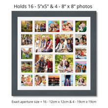 Load image into Gallery viewer, Extra Large Multi Photo Picture Frame Holds 16 5"x5" and 4 8"x8" photos in a dark grey frame - Multi Photo Frames
